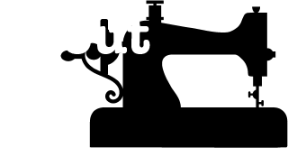 silhouette of sewing machine and white words 'about'