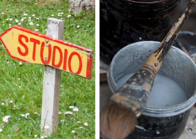 2 pictures - one a yellow arrow with studio written on it, the other of a paint brush laying on a small paint bucket