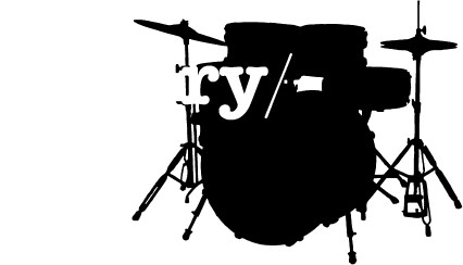 silhouette of drum kit with white words reversed out 'gallery'