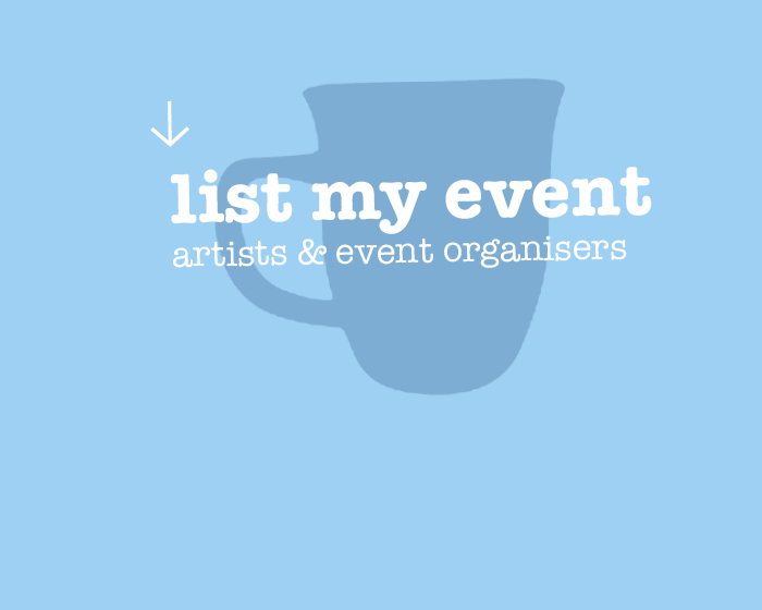 light blue tile with dark blue coffee mug silhouette and the words 'list my event' in white reversed out